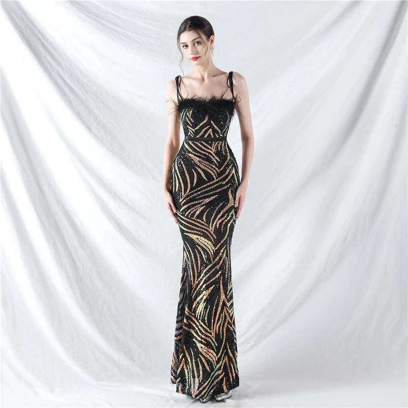Double-Binding Rope-Binding Craft-Made Ostrich Feather Encrypted Laminated Beads High-End Evening Dress view 11