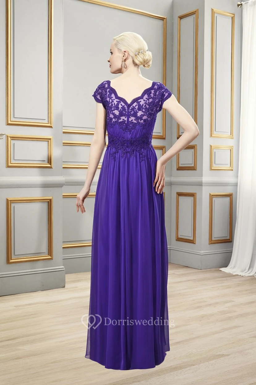 Sheath Bateau-Neck Appliqued Long Cap-Sleeve Chiffon Formal Dress With Ruching view 2