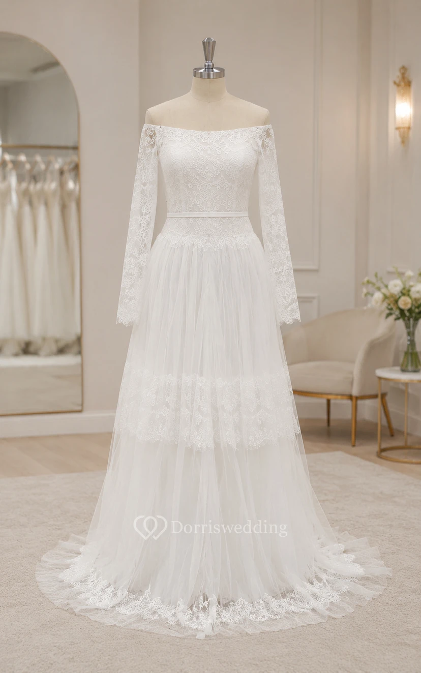 Robe de mariée ivoire à épaules dénudées, manches longues et dentelle à volants view 7