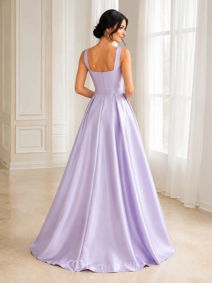 Lavender Satin Spaghetti Strap Square Neck A-Line Prom Dress view 2