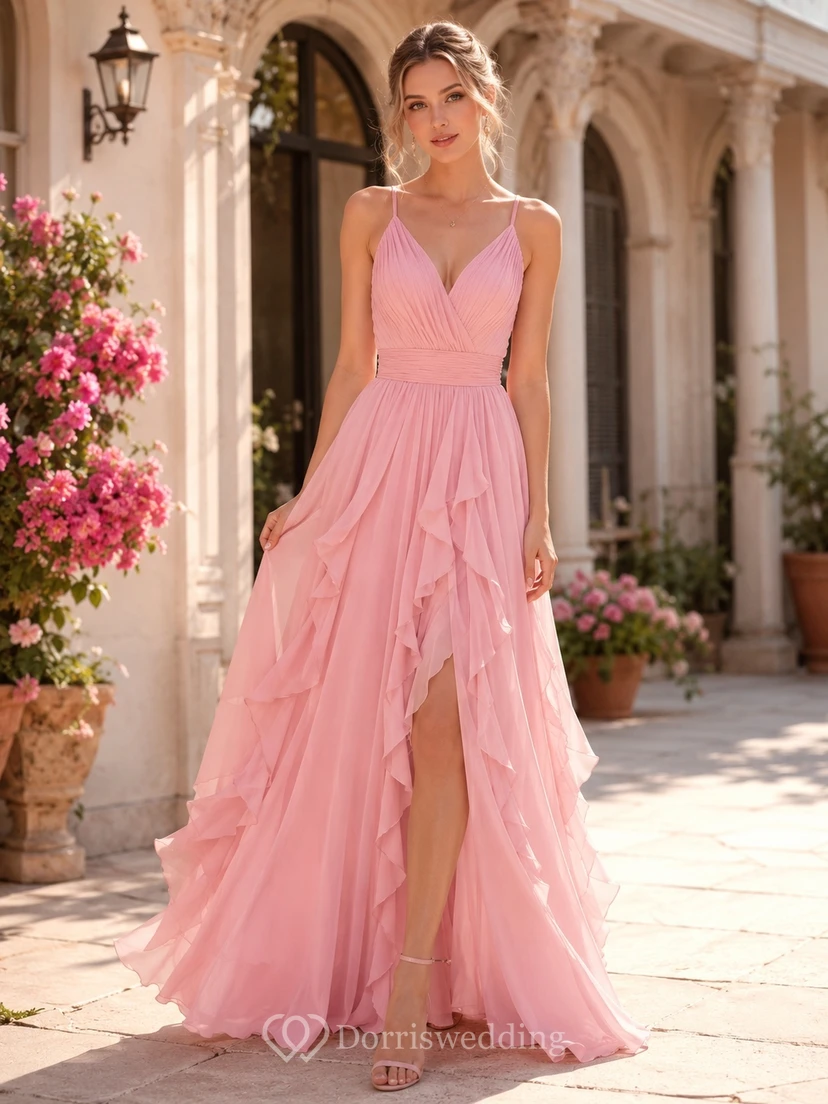 Rosafarbenes, bodenlanges Chiffonkleid mit Spaghettiträgern, herzförmigem Ausschnitt und Falten, A-Linie und Schlitz view 2