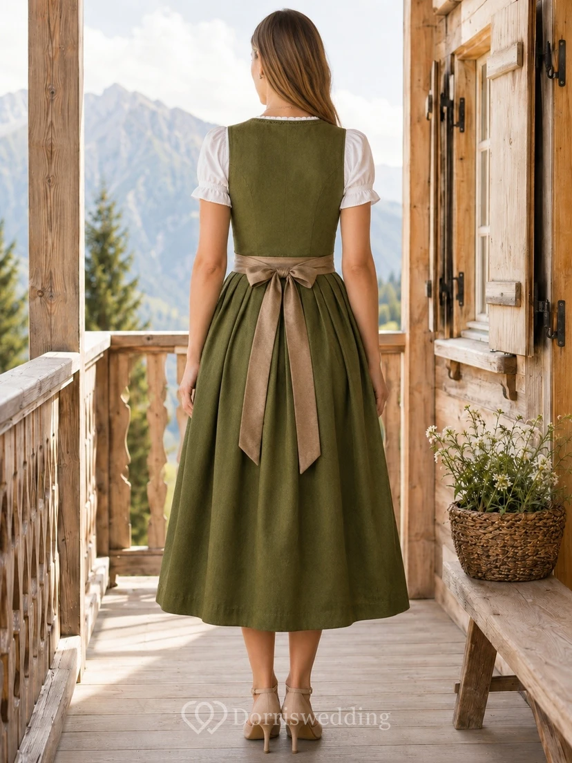 Country Vintage Dirndlkleid mit eckigem Ausschnitt, olivgrün, Teelänge, A-Linie view 2