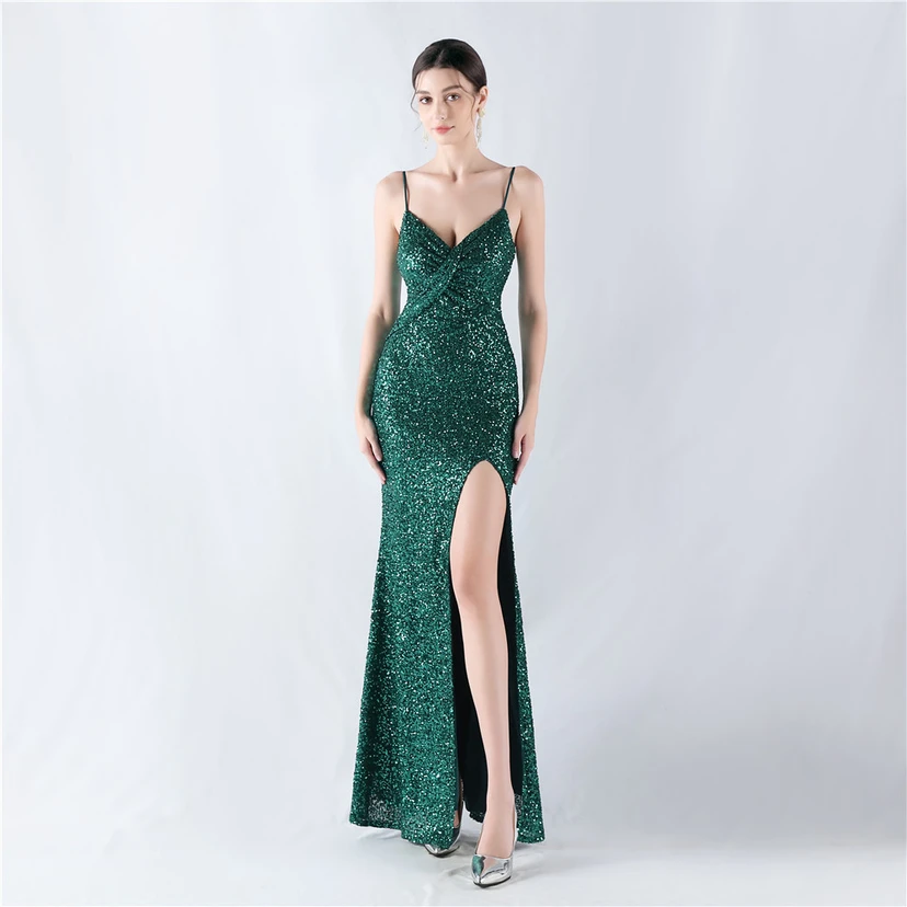 Robe de soirée sexy à sequins et fente haute, avec bretelles et encoche cryptée view 28