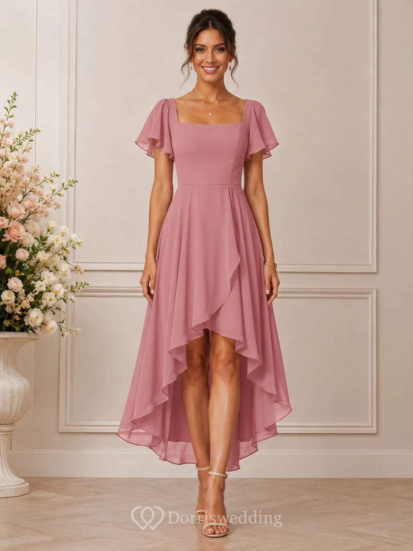 A-Line High-low Square Short Sleeve Chiffon Wedding Guest Dress with Ruffles