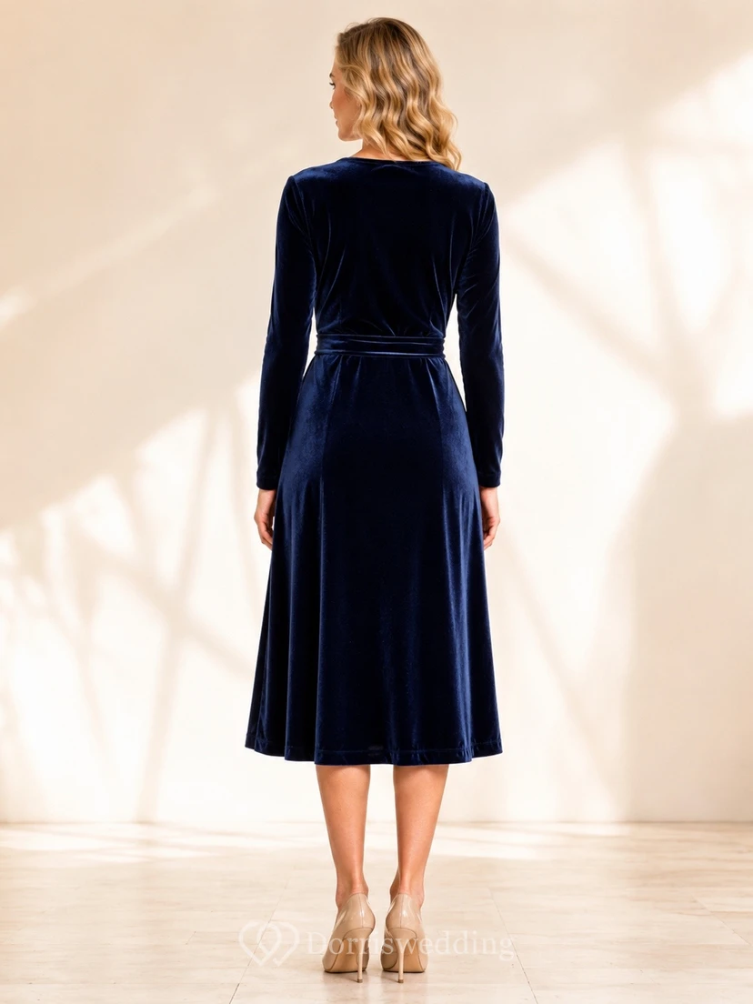 Marineblaues, langärmeliges, wadenlanges Samtkleid mit V-Ausschnitt und dezentem Schnitt view 2