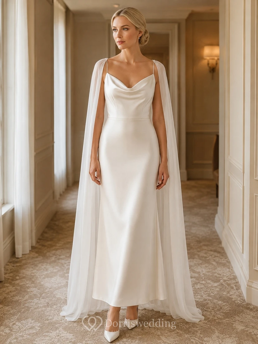 Simple Civil Satin A-Line Floor-Length Cowl Neck Straps Wedding Dress
