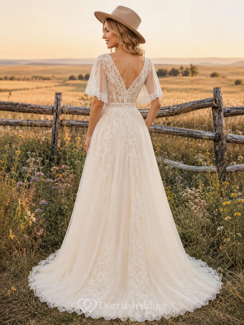 Country Lace Tulle Wedding Dress A-Line V-Neck Flutter Sleeve Sweep Train Low V Back Bridal Gown view 2