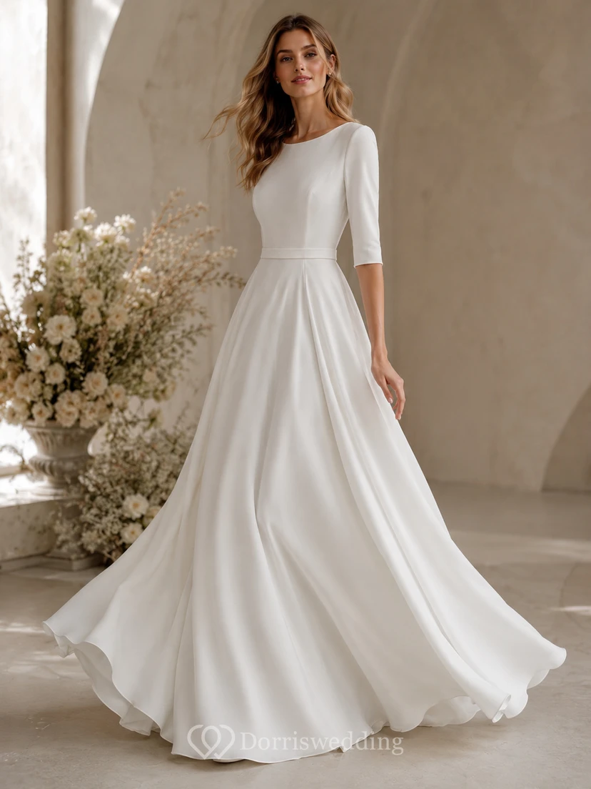 Simple Modest Half-sleeve Scoop-neck Casual Wedding Dress