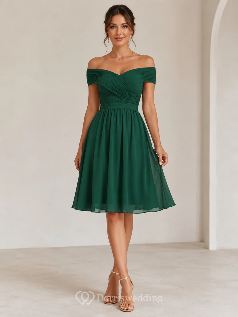 Short A-Line Knee-Length Off-the-Shoulder Short Sleeve Chiffon Homecoming Dress with Pleats