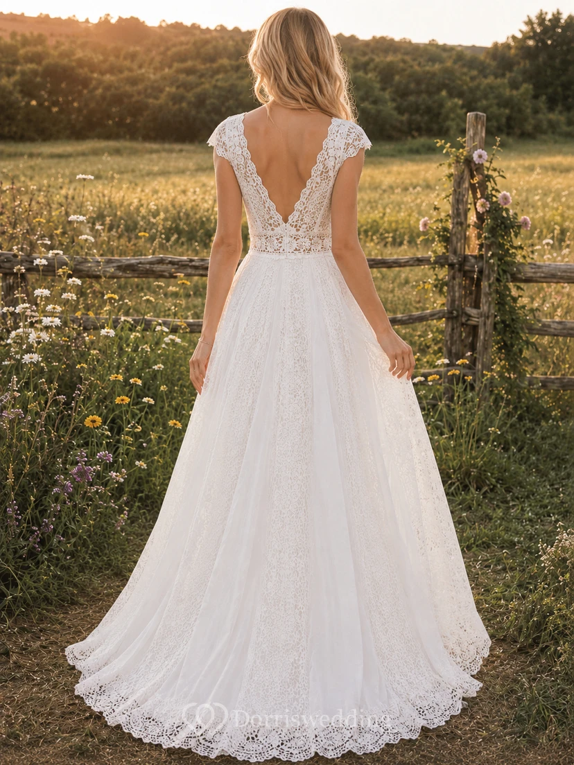 Boho V-Neck Lace Bodice A-Line Country Wedding Dress view 2