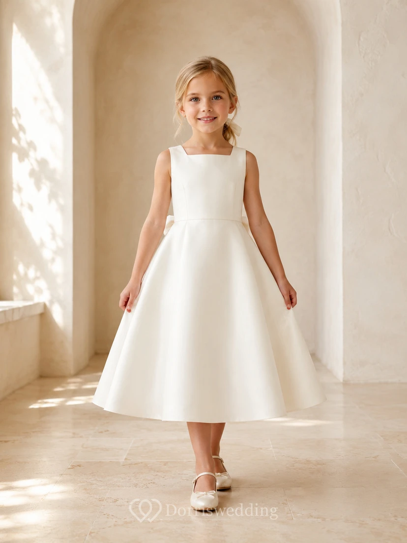 Blumenmädchenkleid aus elfenbeinfarbenem Satin, A-Linie, Rundhalsausschnitt, Teelänge, Schleifendetail
