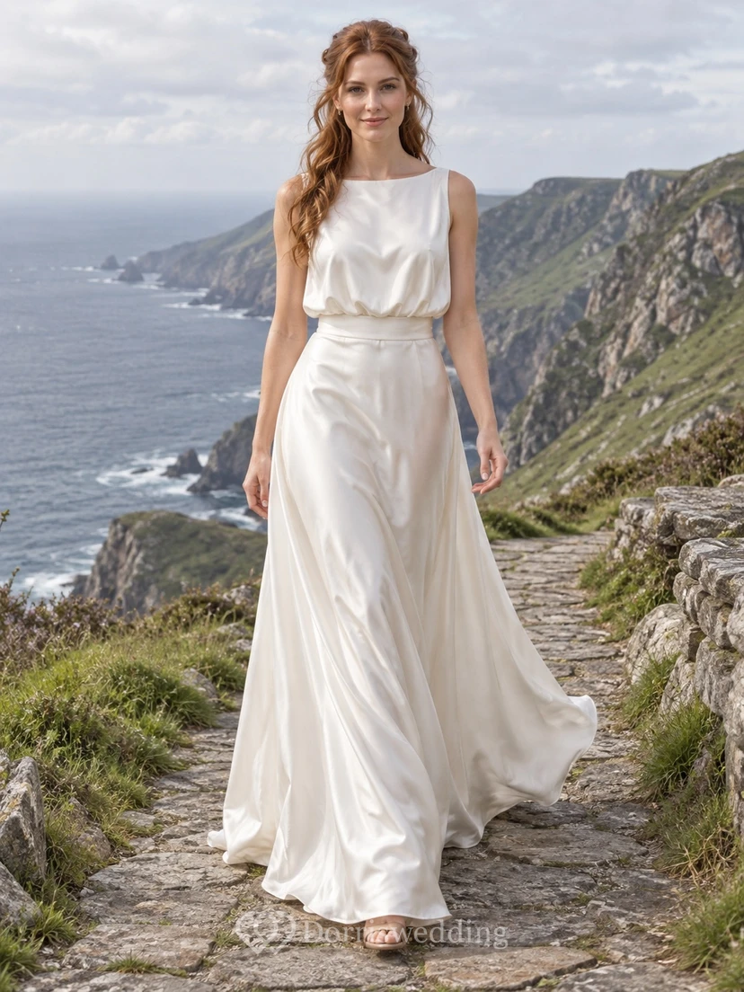 Schlichtes, ärmelloses Brautkleid aus Charmeuse mit Schmuckkragen und Schleppe, Etuikleid mit Rundhalsausschnitt