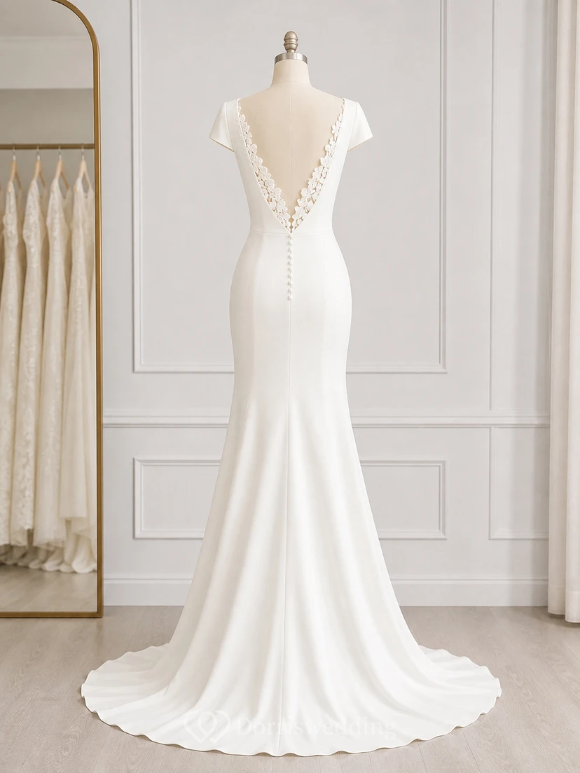 Robe de mariée sirène fourreau unie, col V simple et dos nu en dentelle. view 9