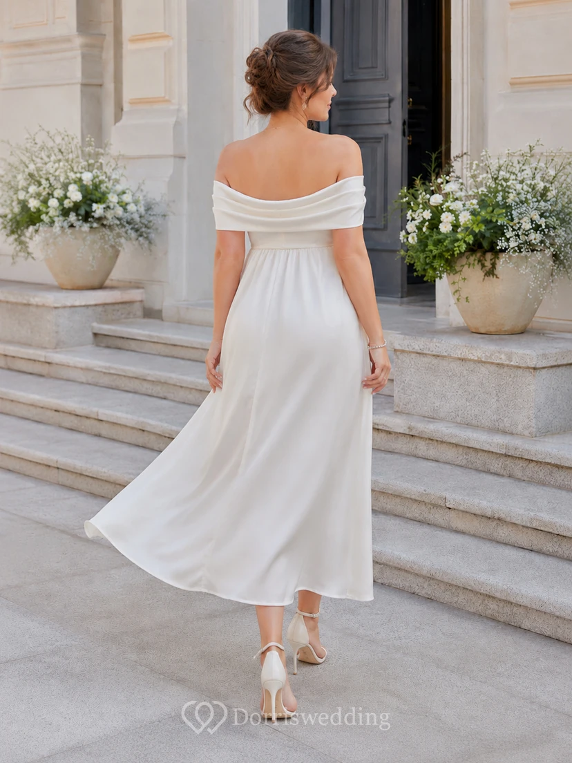 Modern Maternity Satin Off Shoulder Tea Length Civil Courthouse Wedding Dress view 2