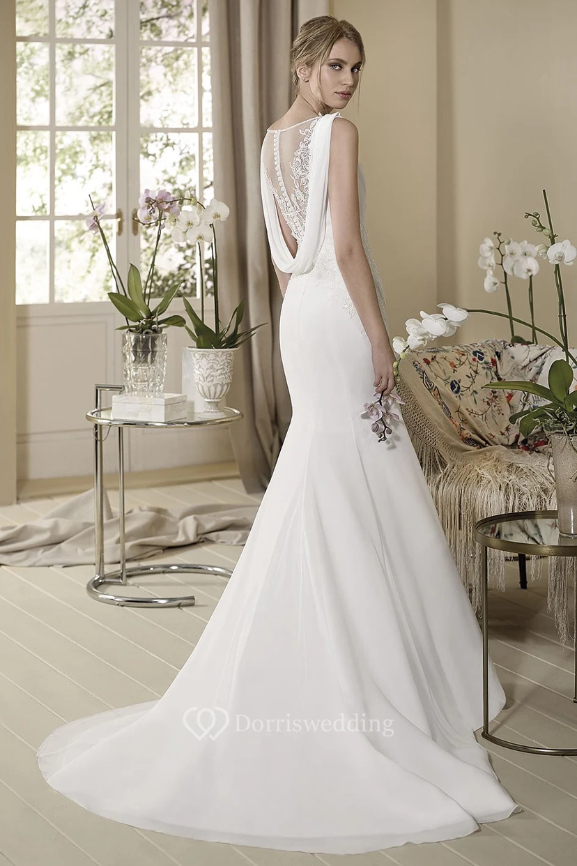 Sheath Maxi Sleeveless Appliqued V-Neck Chiffon Wedding Dress view 2