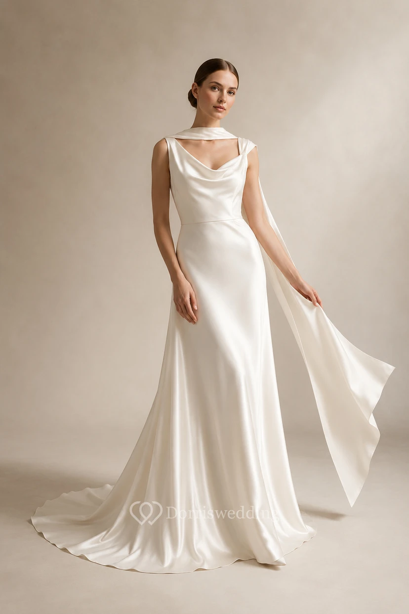 Elfenbeinfarbenes Satin-Etui-Brautkleid mit Wasserfallausschnitt und passendem Schal