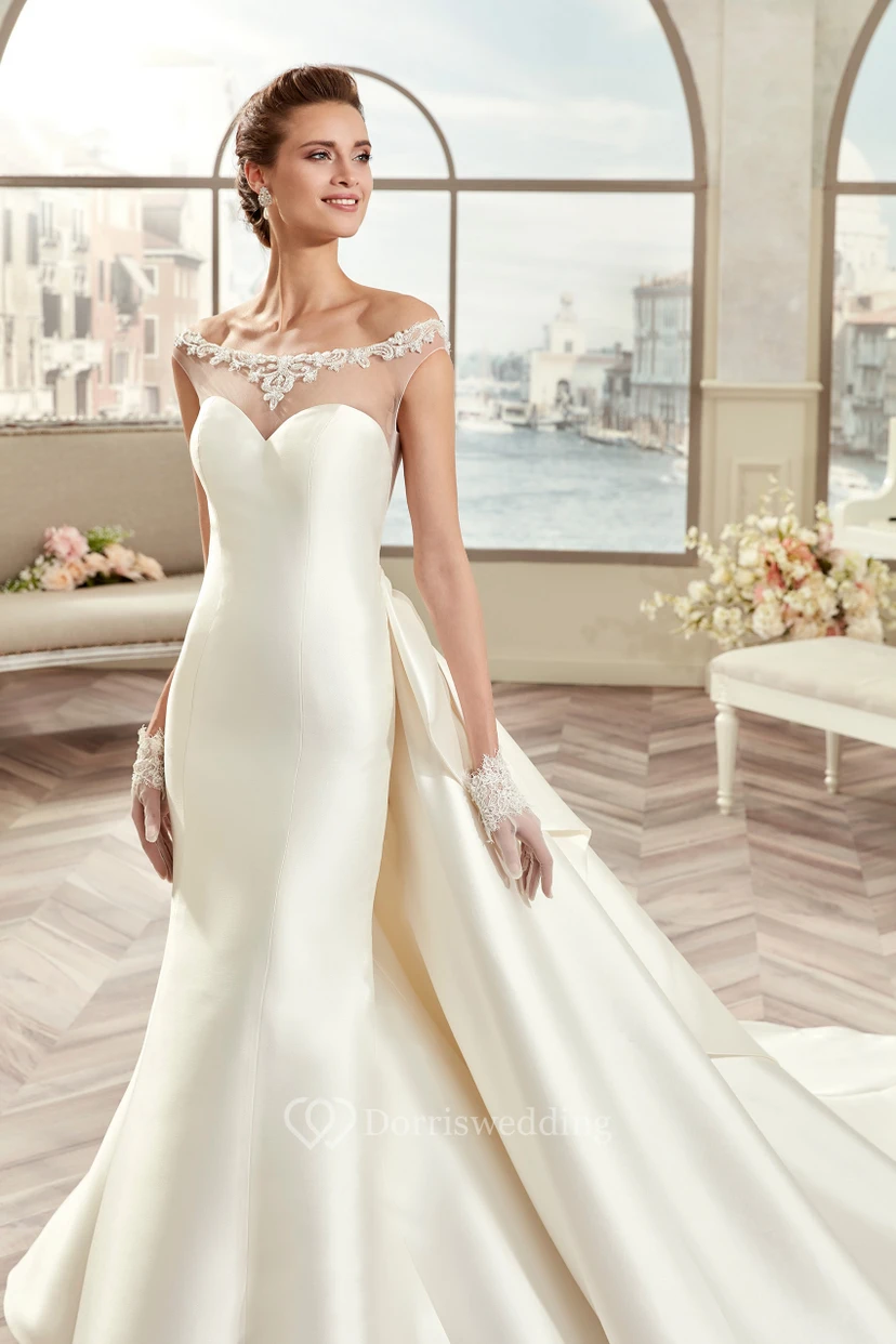 Off-Shoulder Satin Long Wedding Dress With Illusive Design And Back Bow view 3