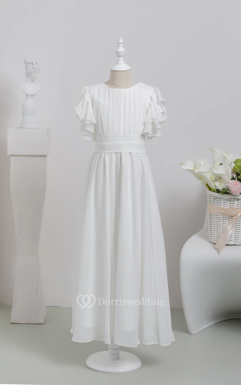 White First Communion Bowed Chiffon Flowergirl Dress with Ruffled Sleeve view 10