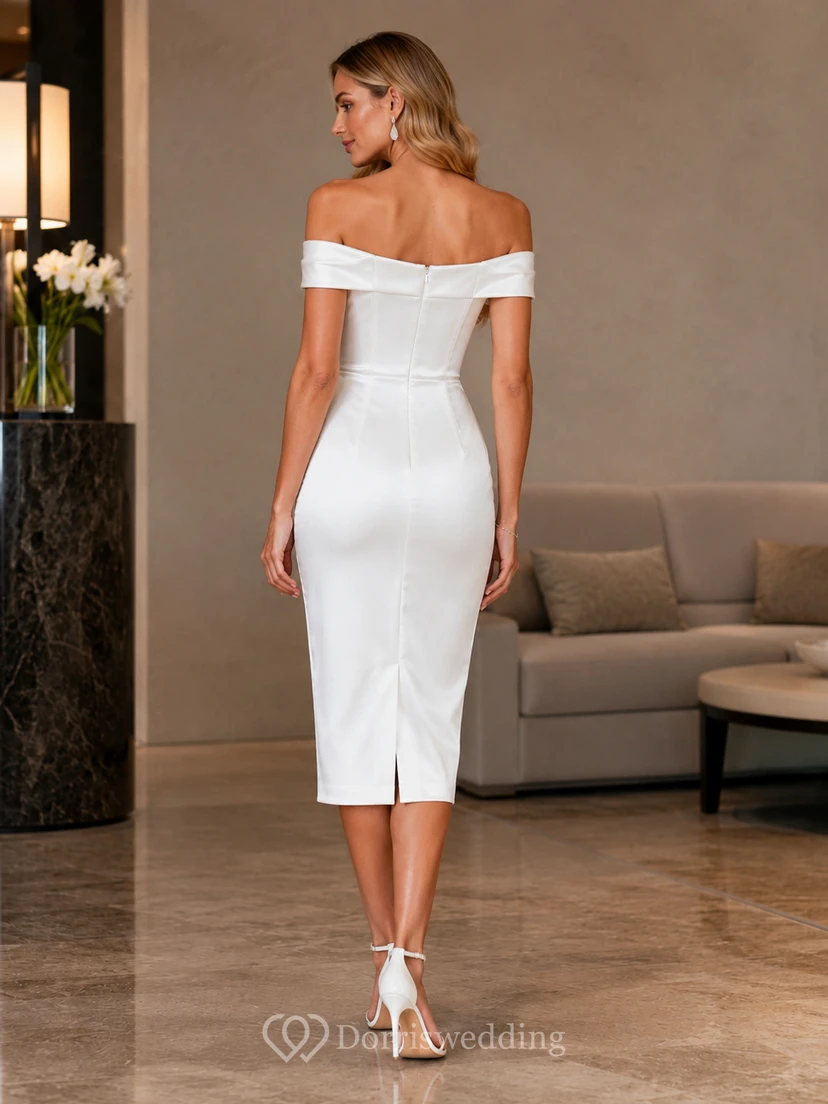 Cocktail Pearl White Sheath Tea-Length Off-Shoulder Short-Sleeve Stretch-Satin Sexy Dress view 2