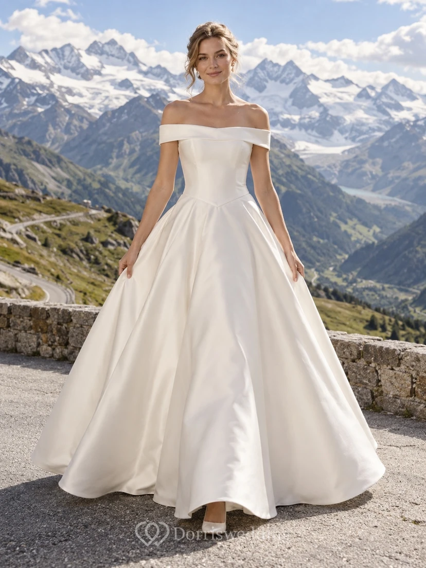 Vestido de novia sencillo de satén, corte A, sin mangas y con escote Bardot