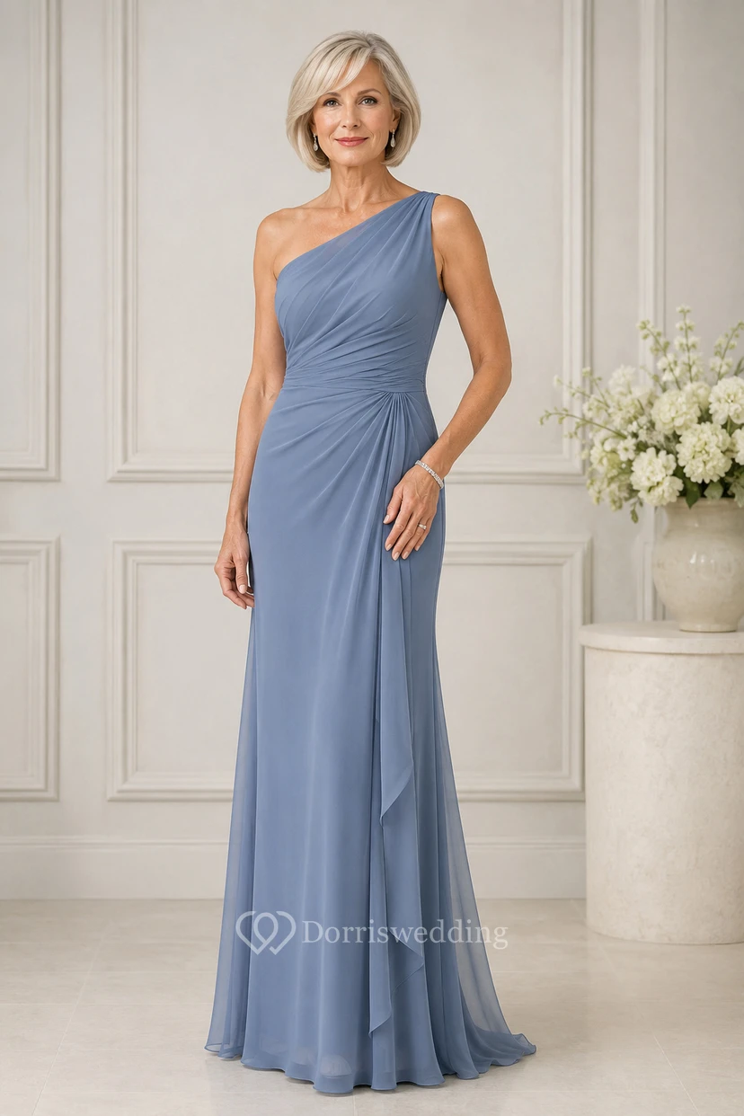 Stahlblaues, schulterfreies Chiffon-Etuikleid für Mütter