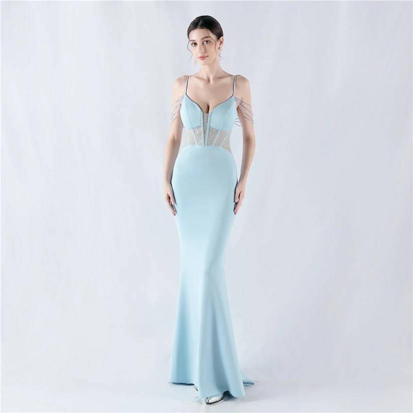 Vestido de noche con cintura de espiga, bordado de diamantes de imitación, ideal para banquetes y presentaciones. view 37