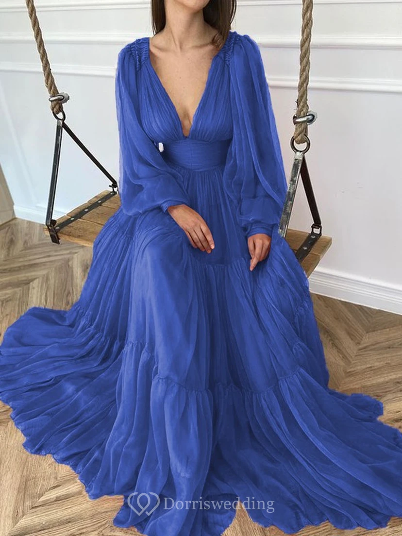 Sexy V-neck Puff Long Sleeve Chiffon Layered Empire Dress view 28