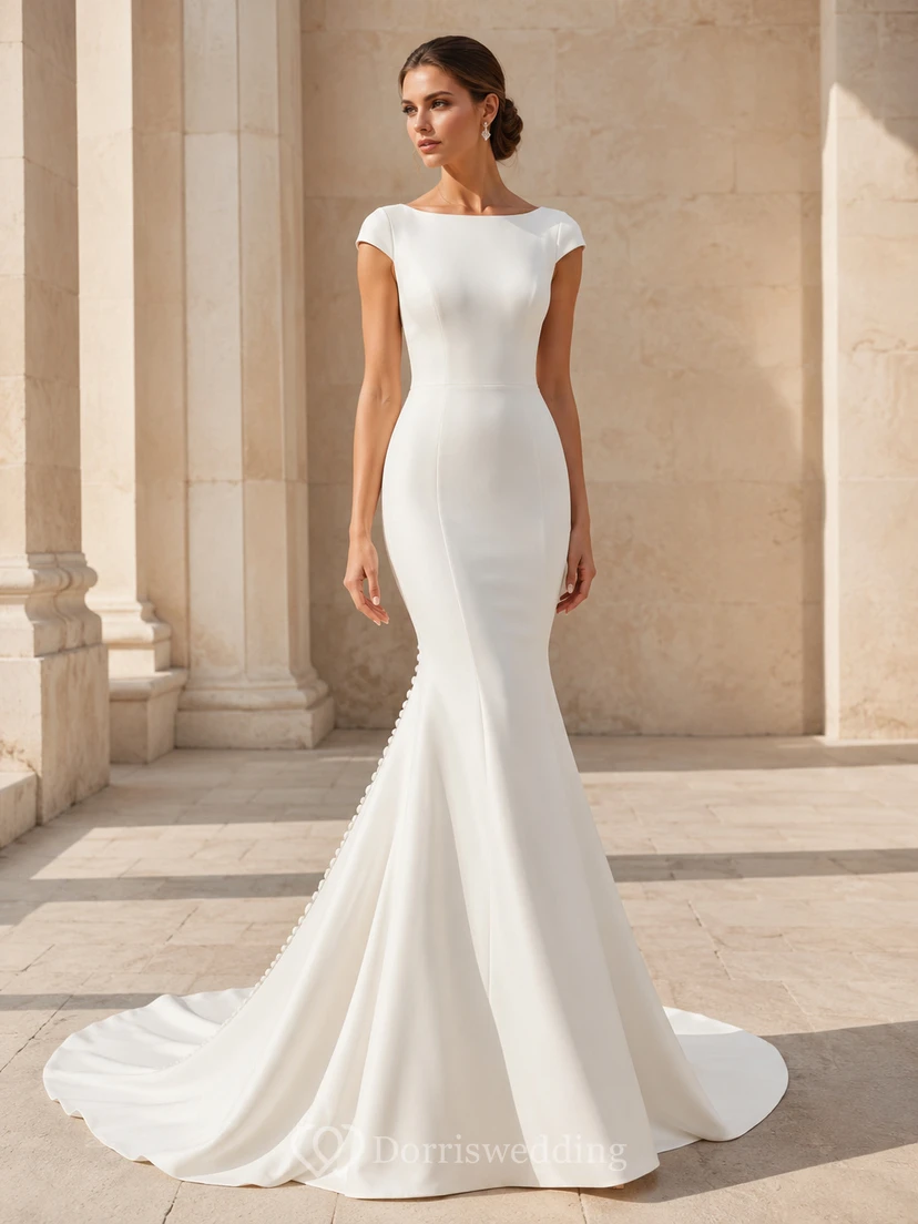 Minimalistisches Brautkleid mit U-Boot-Ausschnitt, kurzen Ärmeln, Meerjungfrauen-Schleppe und Kapellenschleppe aus Satin für standesamtliche Trauungen
