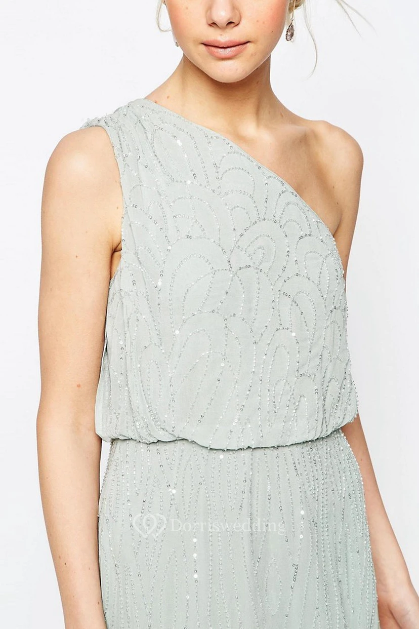 Sheath Ankle-Length Sleeveless Beaded One-Shoulder Chiffon Bridesmaid Dress view 4