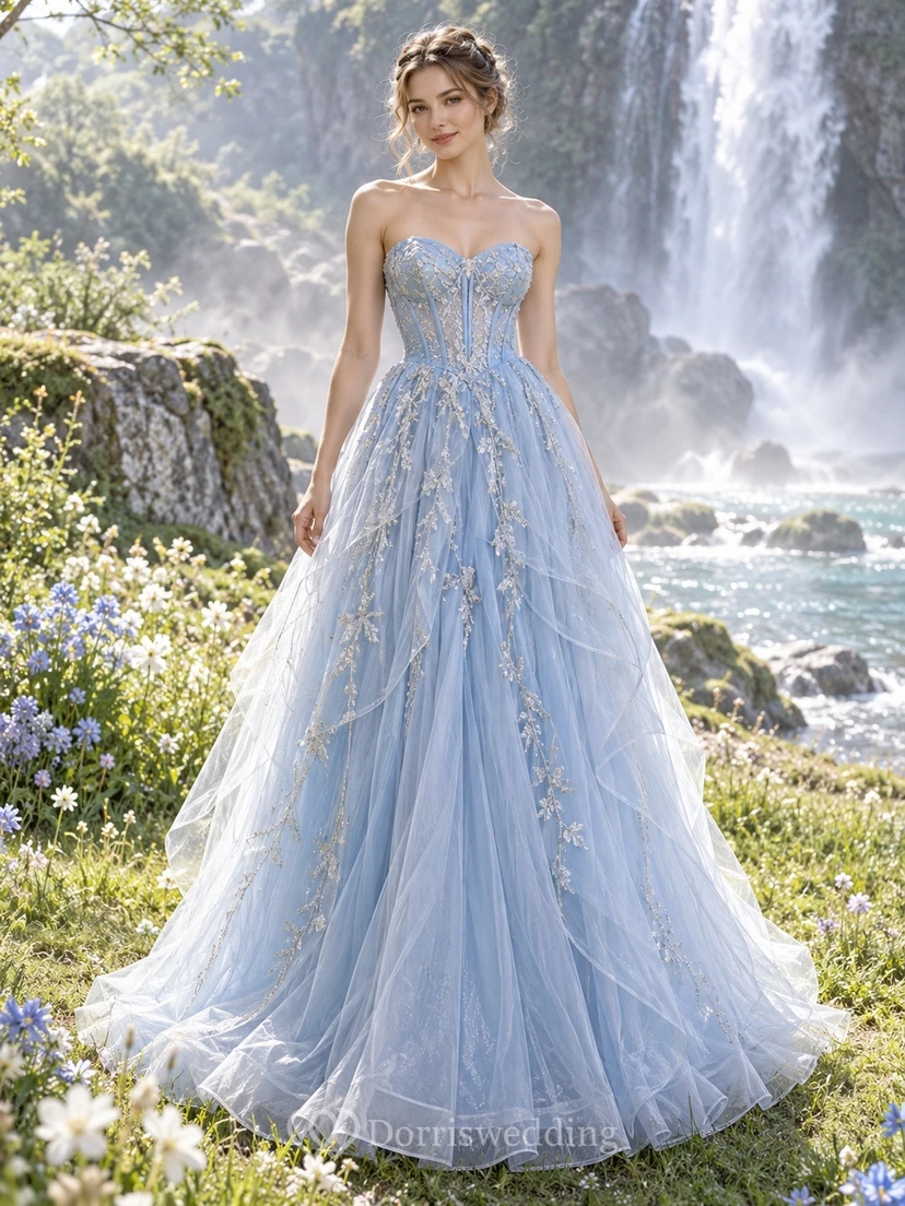 Fairy Sky Blue Strapless Sweetheart Silver Floral Layered Prom Gown