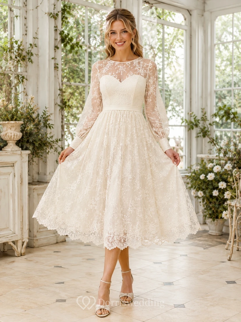 Romantic Bateau Long Puff Sleeve Lace A-Line Tea-Length Civil Wedding Dress