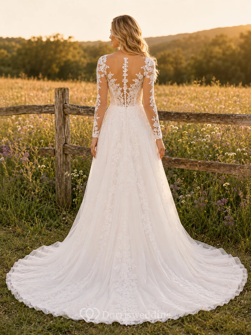 Robe de mariée de maternité en dentelle, coupe trapèze, épaules dénudées, manches cloche, style forêt view 2