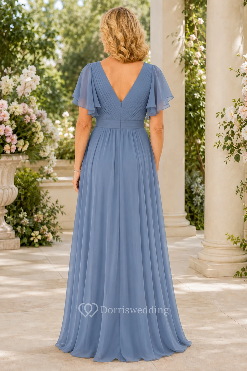 MOB-Kleid, stahlblau, Chiffon, A-Linie, kurze Ärmel, V-Ausschnitt, bodenlang, plissiert view 2