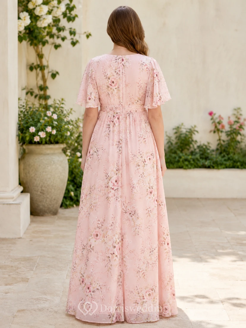 Vestido de jardín largo hasta el suelo con escote en V y mangas con volantes, estampado floral rosa empolvado. view 2