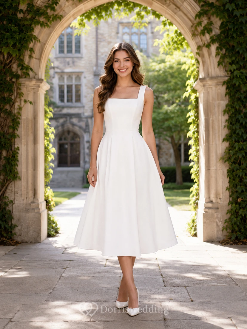 Robe midi blanche à bretelles et encolure carrée pour photo de remise de diplôme