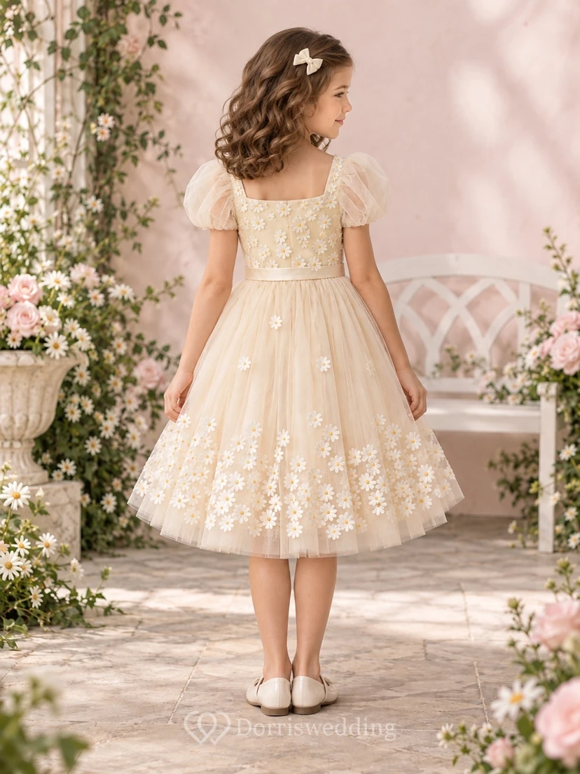 Square Neck Short Champagne Puff Sleeve Daisy Border Tulle Flower Girl Dress