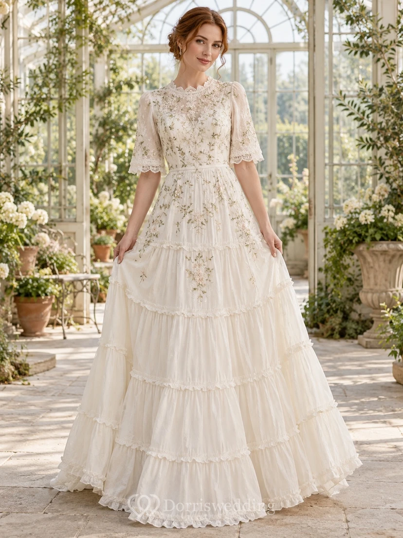 Romantic High Neck Half Sleeve Tiered Cotton A-Line Floor Length Wedding Dress