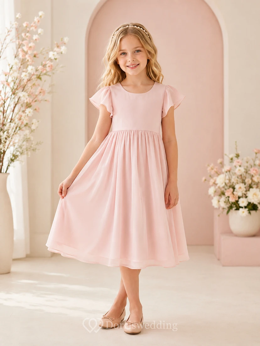 Flower Girl Dress A-Line Blushing Pink Sensory Friendly Soft Jersey Flutter Sleeve Simple