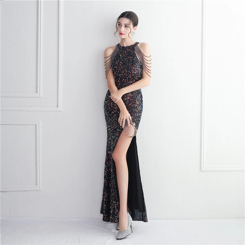Heavy-Duty Glass Bead Craft Beaded Banquet Evening Dress Temperament Elegant Long Halter Neck Slit Sequins view 55