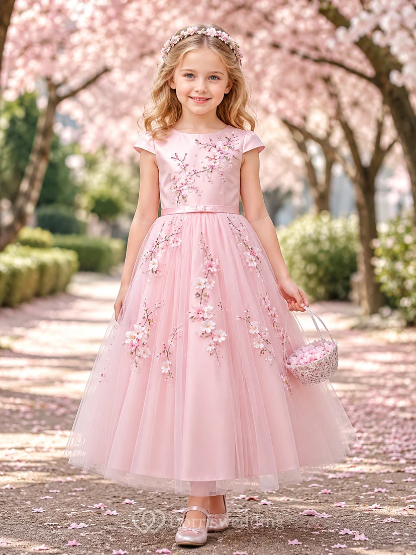 Zartrosa Kirschblüten-Blumenmädchenkleid mit kurzen Ärmeln, Tüll-A-Linien-Rock, floraler Stickerei und knielangem Rock