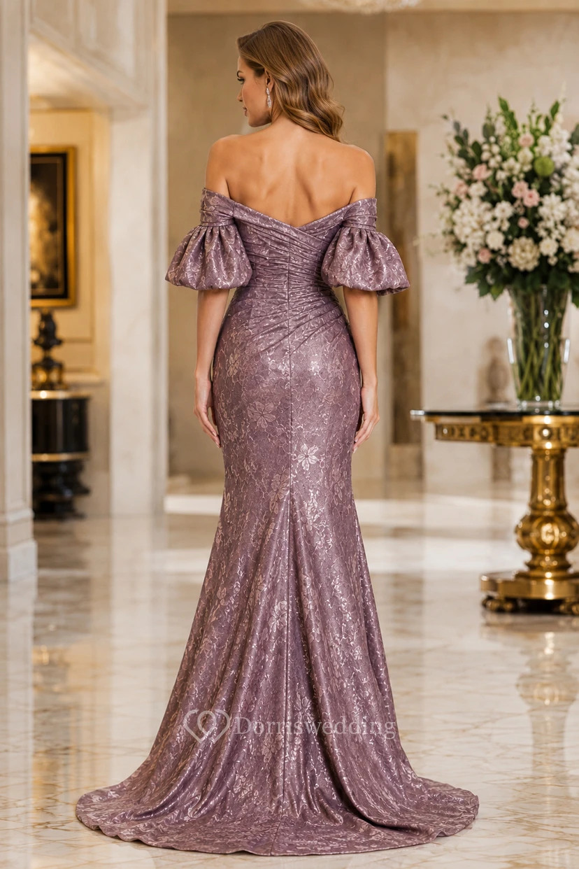 Robe de soirée sirène à sequins mauve, épaules dénudées et manches bouffantes view 2