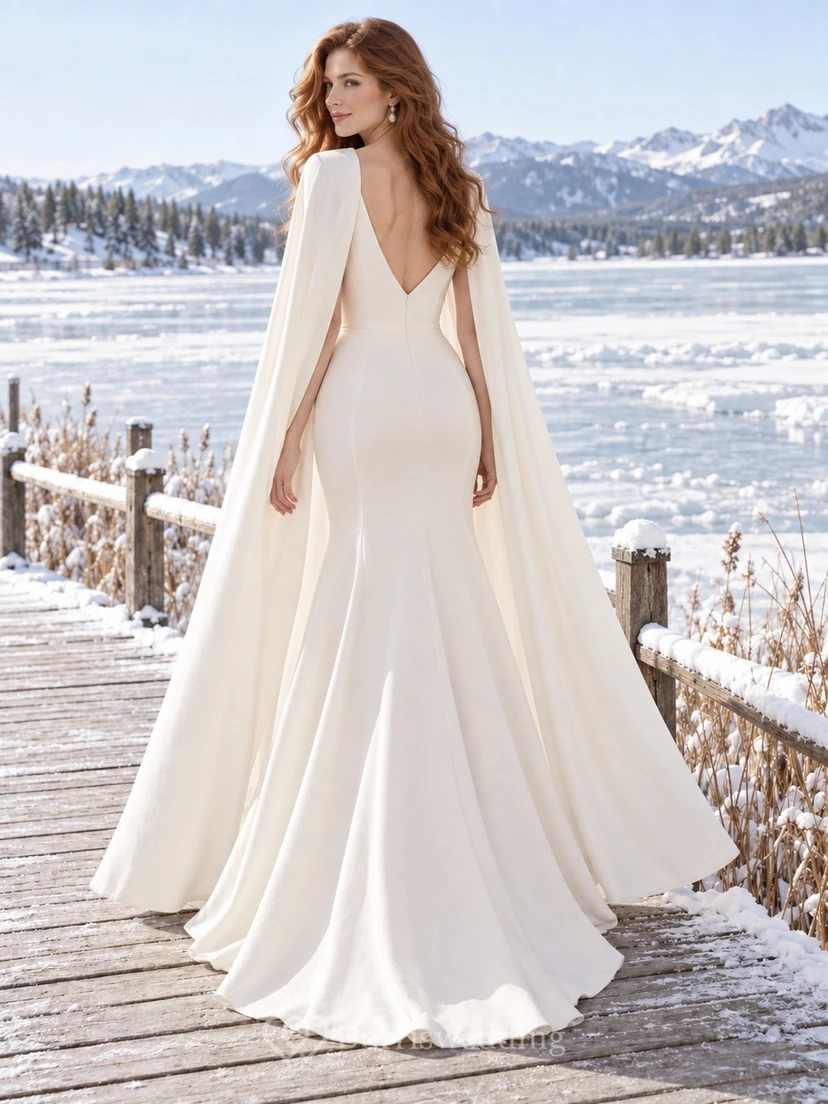 Simple V-neck A-line Winter Wedding Draped Cape Dress view 2