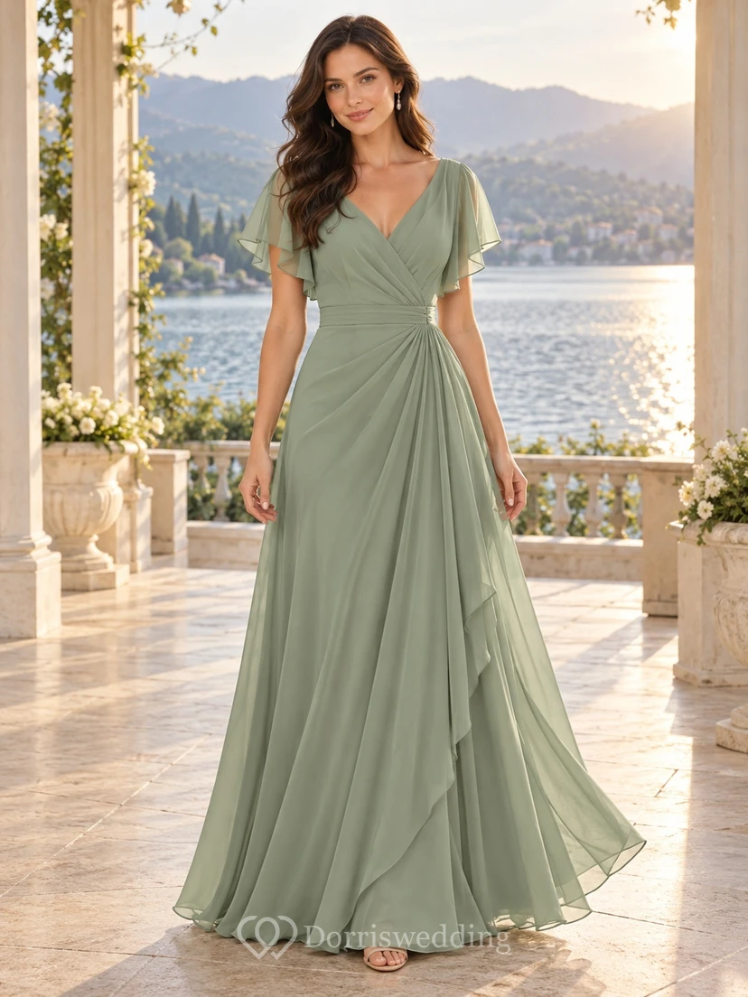 Sage Wrap Neck Flutter Sleeve Flowing Draped Wedding Guest Gown