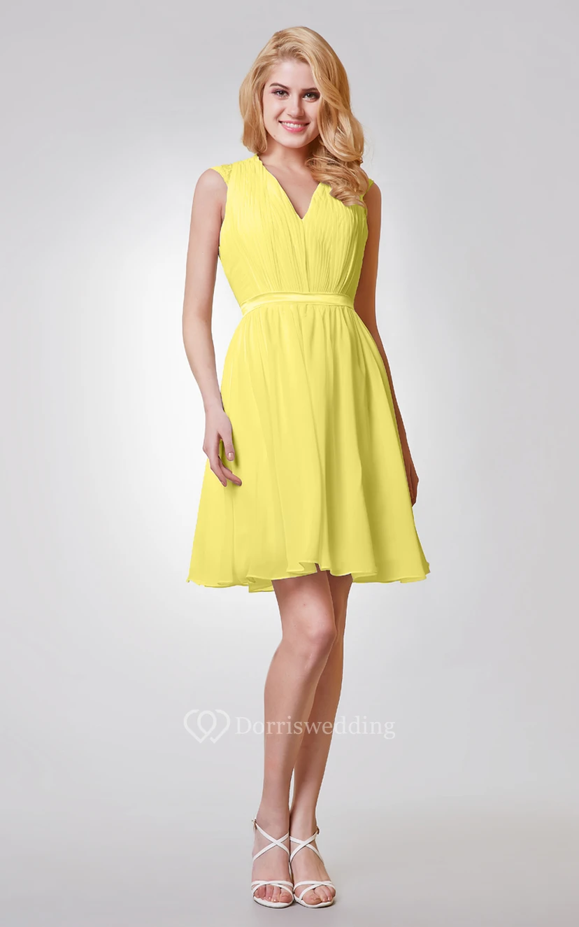 V-neck Appliqued A-line Short Chiffon Dress With Keyhole and Ruching view 6