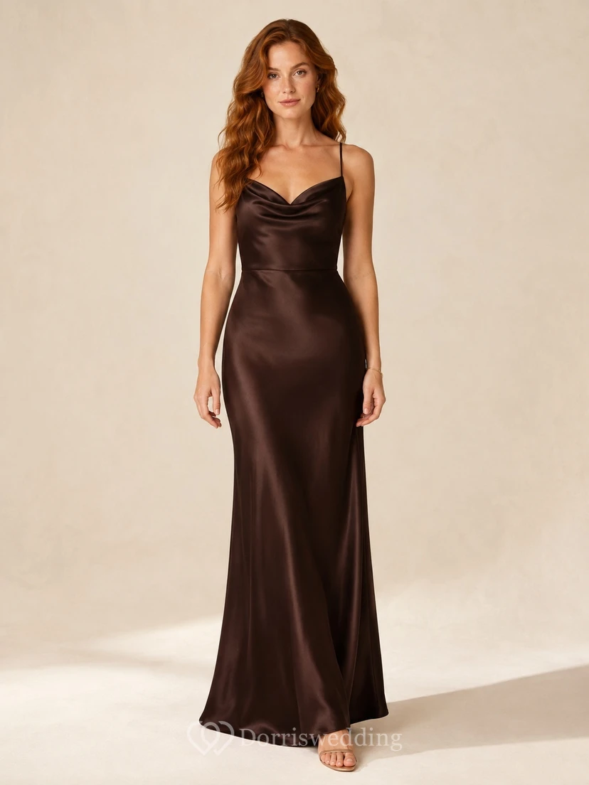 Chocolate Brown Cowl Neck Spaghetti Strap Satin Sheath Floor-length Evening Dress