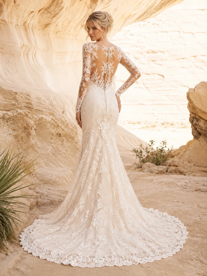 Robe de mariée sirène en dentelle à manches longues illusion et col montant, traîne chapelle, style désert view 2