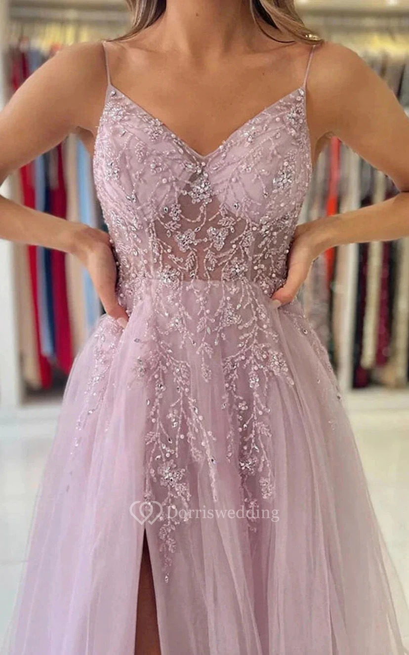 Spaghetti Front Split Beaded Applique Front Split Tulle Evening Prom Dress view 5