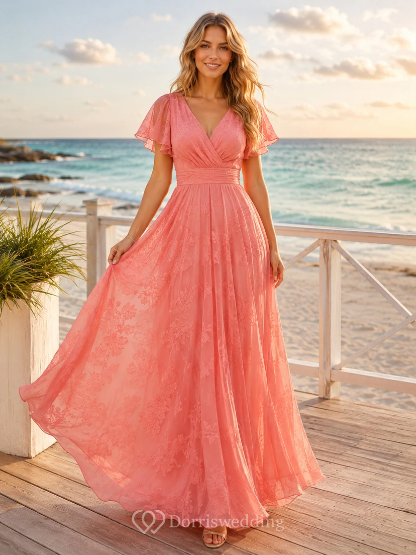 Korallenfarbenes Hochzeitsgastkleid am Meer, A-Linie, Chiffon, V-Ausschnitt, kurze Ärmel, bodenlang, Seitenschlitz