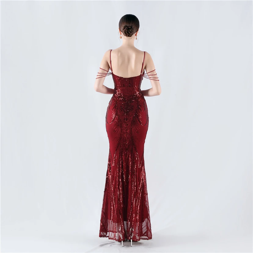 Waist-Reduced Fishbone Shaping Positioning Flower Sequined Anchor Sexy Beaded Suspender Evening Dress view 96