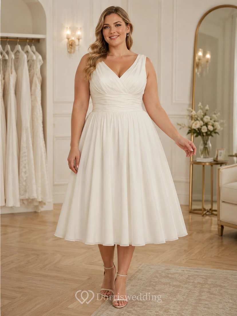 Vestido de novia corto de gasa sin mangas con escote en V, largo hasta la rodilla, fruncido y espalda baja en V. view 5